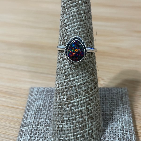 Black Fire Opal Ring/Small Teardrop Opal Ring/Dainty Black Fire Opal Ring/Sterling Silver Ring/Black Opal/Teardrop Ring