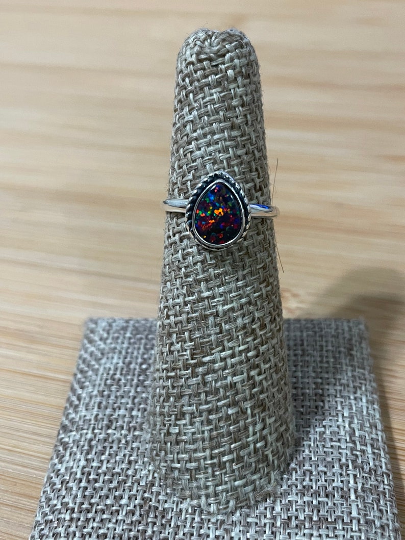 Black Fire Opal Ring/Small Teardrop Opal Ring/Dainty Black Fire Opal Ring/Sterling Silver Ring/Black Opal/Teardrop Ring image 1