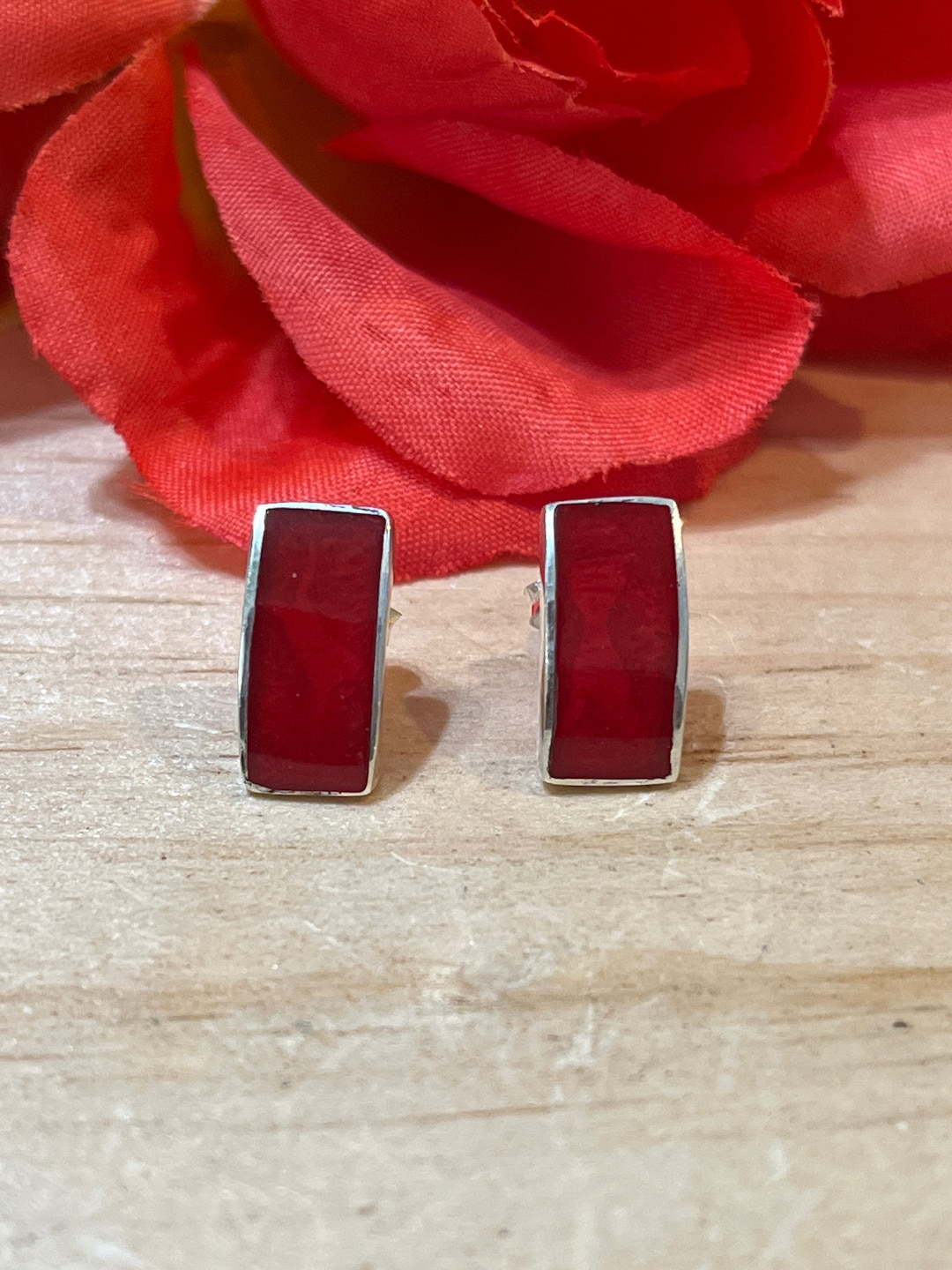 Rectangular Red Earrings Narrow Red Coral Rectangle Earrings / Stud Earrings / Sterling Silver ...