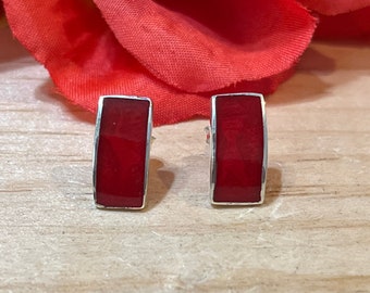 Narrow Red Coral Rectangle Earrings / Stud Earrings / Sterling Silver Earrings / Red Coral Studs / Minimalist Earrings / Elegant Jewelry