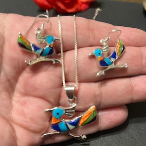 Multicolor Roadrunner Jewelry Set/ Inlay Roadrunner Jewelry Set/ Roadrunner/ Roadrunner Necklace/ Roadrunner Earrings/ Bird Jewelry