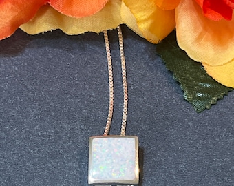 White Opal Square Necklace / White Opal Pendant / Sterling Silver Pendant / Opal Pendant / Gift For Her / White Opal Jewelry