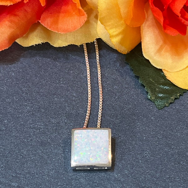 White Opal Square Necklace / White Opal Pendant / Sterling Silver Pendant / Opal Pendant / Gift For Her / White Opal Jewelry