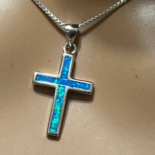 Blue Opal Cross Necklace/ Blue Opal Necklace/ Cross necklace/ Blue Cross necklace/ Sterling silver/ Sterling Silver cross necklace