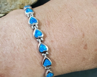 Small Blue Opal Link Bracelet/Sterling Silver Bracelet/Fire Opal Bracelet/ Heart Opal Bracelet/ Dainty Heart Bracelet/Heart Bracelet/Gift