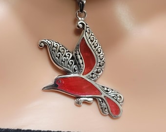 Red Hummingbird Pendant / Coral Necklace/Sterling Silver / Southwestern / Gift For Her / Hummingbird Pendant / Hummingbird Necklace / A84-AR
