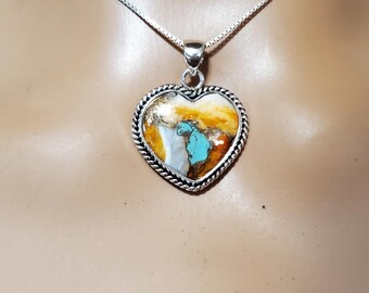 Spiny Oyster Copper Turquoise Heart Pendant/Mohave Turquoise Necklace/Sterling Silver Heart Pendant/Heart Copper Turquoise Pendant/LL210