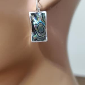 May include: Silver-tone rectangular drop earrings with iridescent abalone shell inlays. The earrings have a simple, elegant design, with a rectangular shape and a polished silver frame. The abalone shell displays a range of colors.