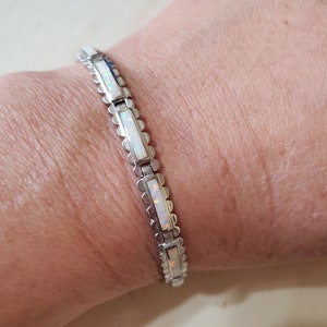 White Opal Link Bracelet/Sterling Silver Bracelet/Fire Opal Bracelet/gift for Her/Opal Bracelet/Inlay Opal Bracelet