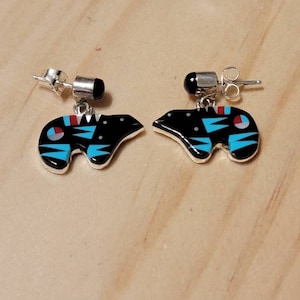 Bear Earrings / Black Multicolor Inlay Bear / Multicolor Inlay Earrings / Southwestern Jewelry / Dangle Earrings