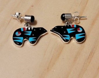 Bear Earrings / Black Multicolor Inlay Bear / Multicolor Inlay Earrings /  BearJewelry / Dangle Earrings