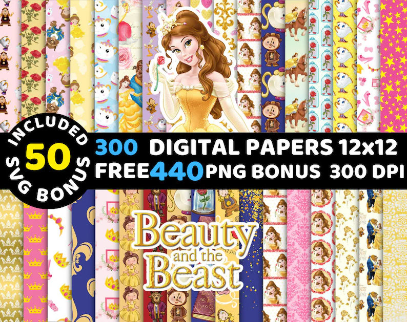 Beauty and the Beast Seamless Party Printable, Stationary, Cards, Digital  Paper, Scrapbook Paper, 8.5 X 11 Paper, Giggleboxdesignshop 