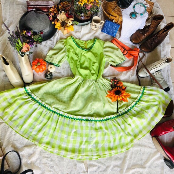 Vintage Slime Green Gingham Square Dance Dress - S