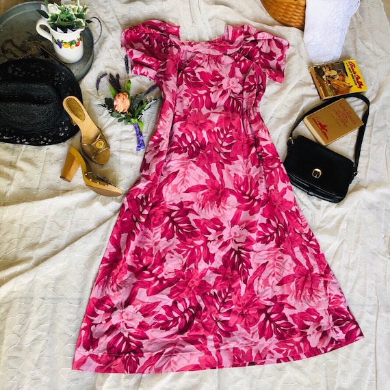 Vintage Mauve Pink Hawaiian Floral Maxi Dress - L/