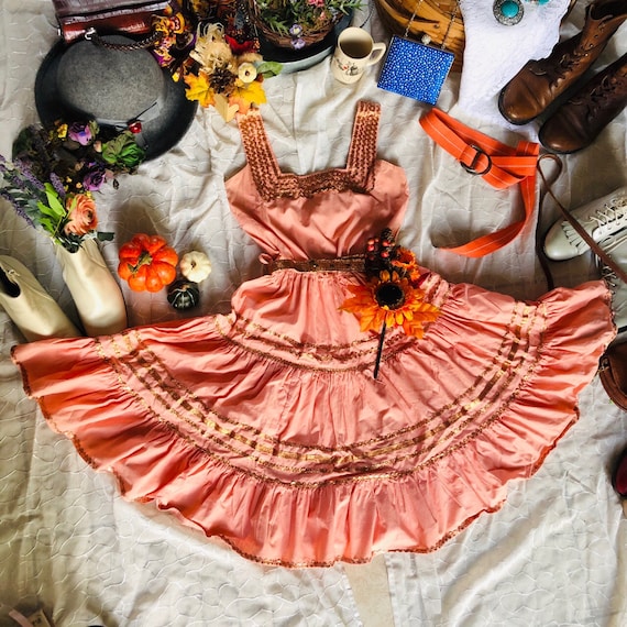 Vintage 1970s Rose Gold Tiered Square Dance Dress