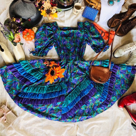 Vintage Shimmery Teal Ruffle Square Dance Dress -
