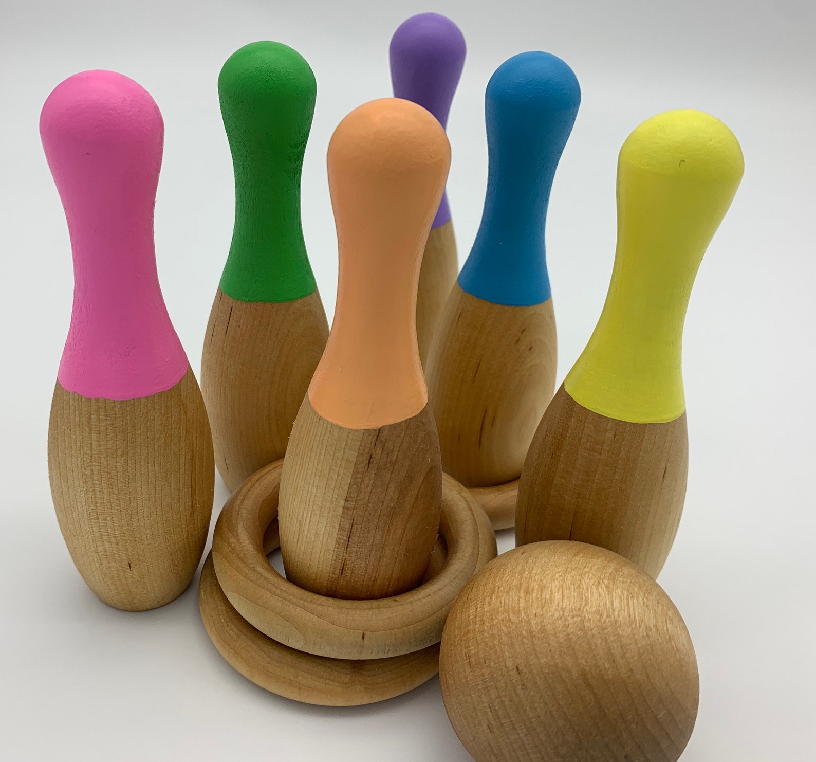 Rainbow Miniature Wooden Bowling Set Ring Toss Game Etsy