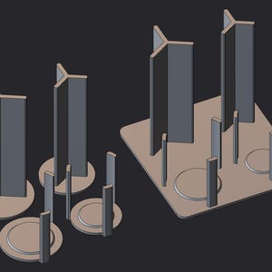 May include: An illustration of several geometric structures. The structures are composed of gray rectangular pillars and circular or square bases. Some pillars have a Y-shaped top. The background is a solid dark gray.