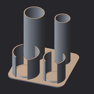 May include: A grey desk tidy with a rectangular base. It has two tall cylindrical holders and four smaller curved compartments. The design is simple and modern, suitable for office or home use.