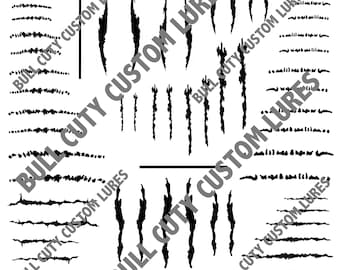May include: A black and white image of a set of claw marks, with the text "BULL CUTY CUSTOM LURES BCCL #8" at the top.