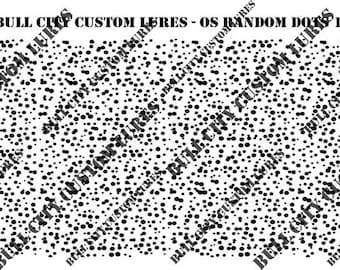May include: A white background is covered in a pattern of black dots of varying sizes. The text "BULL CITY CUSTOM LURES - OS RANDOM DOTS 1" is at the top. The words "BULL CITY CUSTOM LURES" are printed diagonally across the image.