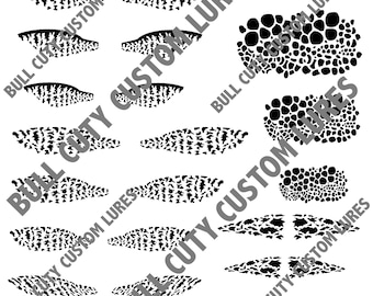 May include: Black and white fishing lure designs in various shapes and sizes. The image includes the text "BULL CUTY CUSTOM LURES" and "BCCL #12". The lures have a spotted or patterned design, suitable for fishing.