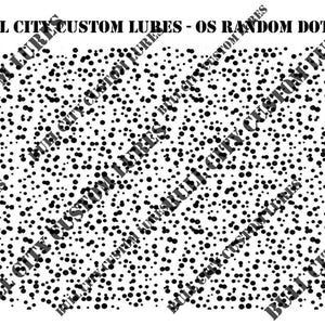 May include: A black and white image of a random dot pattern. The pattern is made up of small, black dots on a white background. The dots are arranged in a random pattern, creating a unique and interesting design. The text "BULL CITY CUSTOM LURES - OS RANDOM DOTS" is at the top of the image.
