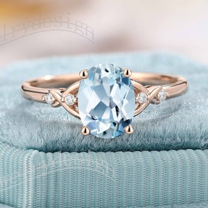 Oval Aquamarine Engagement Ring, Art Deco Aquamarine Ring, Knot Ring Rose Gold, Dainty Moissanite Ring, Delicate Ring, Vintage Promise Ring