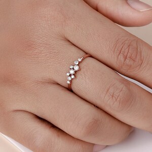 Cluster Moissanite Engagement Ring, Round Moissanite Ring, Delicate Diamond Ring, Solid Rose Gold Ring, Stacking Ring, Dainty Ring