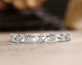 Marquise Wedding Band Vintage Aquamarine Wedding Ring Solid Rose Gold Aquamarine Band Matching wedding band for women