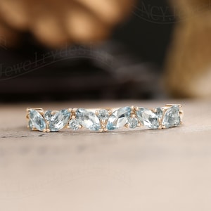 Marquise Wedding Band Vintage Aquamarine Wedding Ring Solid Rose Gold Aquamarine Band Matching wedding band for women