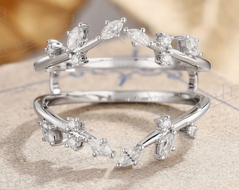 Double Enhancer Wedding Band, Leaf Moissanite Wedding Ring, Branch Ring, Marquise Diamond Ring, Solid White Gold Ring, Vintage Stacking Ring