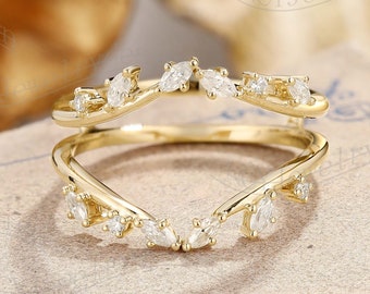 Leaf Enhancer Wedding Band, Branch Moissanite Wedding Band, Stacking Ring For Women Yellow Gold, Nature Inspired Ring