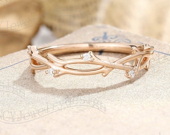 Leaf Moissanite Wedding Band, Delicate Moissanite Ring, Twig Ring Rose Gold, Branch Ring, Dainty Diamond Ring, Stacking Ring