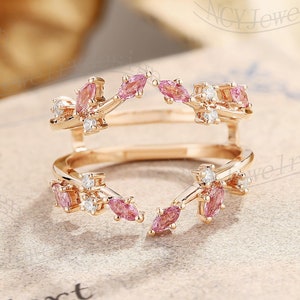 Pink Sapphire Enhancer Band, Floral Sapphire Ring Rose Gold, Leaf Branch Moissanite Ring, Pink Sapphire Wedding Band, Flower Matching Ring