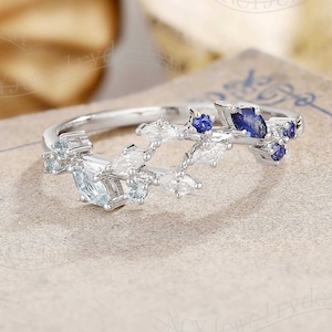 Alianza de boda de vid de hoja, anillo de aguamarina marquesa, anillo de moissanita delicado, anillo de zafiro oro blanco, anillo de piedra multicolor, anillo de racimo