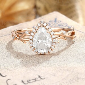 Pear Moissanite Engagement Ring, Halo Moissanite Ring, Twig Ring Rose Gold, Twisted Band Ring, Leaf Vine Ring, Vintage Promise Ring