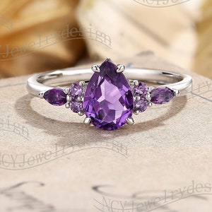 Art Deco Amethyst Engagement Ring, Pear Amethyst Ring, Cluster Ring White Gold, Marquise Amethyst Ring, February Birthstone Ring