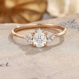 Pear Moissanite Engagement Ring, Cluster Moissanite Ring, Delicate Moissanite Ring, Round Diamond Ring, Vintage Ring Rose Gold