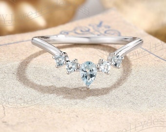 Delicate Aquamarine Wedding Band, Pear Cut Aquamarine Ring, V Shape Wedding Band, Curved Ring White Gold, Chevron Stacking Ring