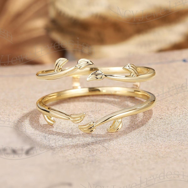 Enhancer Wedding Band Leaf Ring Unique Wedding Ring Plain Solid Gold Ring Yellow Gold Branch Ring Match Wedding Ring