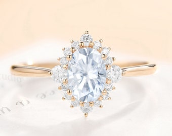 Halo Moissanite Engagement Ring, Oval Moissanite Ring, Round Diamond Ring, Cluster Ring Rose Gold, Delicate Moissanite Ring, Promise Ring