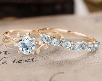 Vintage leaf flower Aquamarine engagement ring set alternative ring unique rose gold ring art deco promise ring prong set anniversary ring