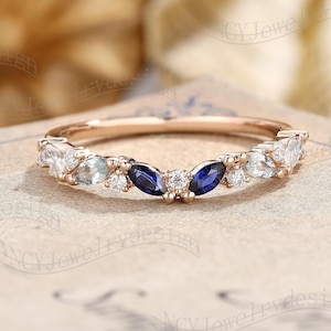 Curved Aquamarine Wedding Band, Marquise Sapphire Ring, Round Moissanite Ring, Delicate Rose Gold Ring, Half Eternity Ring, Matching Ring