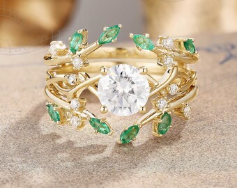 Twist Moissanite Engagement Ring Set, Round Moissanite Ring, Leaf Emerald Ring, Twig Ring, Enhancer Ring, Branch Ring Yellow Gold