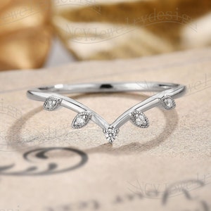 Banda de boda de moissanita de hoja, banda de boda de diamantes curvados, anillo de moissanita apilable, anillo de oro blanco sólido, anillo de ramita, anillo delicado