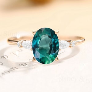 Oval Teal Sapphire Engagement Ring, Natural Teal Sapphire Ring, Vintage Blue Green Sapphire Ring, Pear Diamond Ring, Women&#39;s Ring Rose Gold