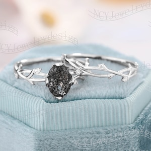 Vintage Schwarz Rutilquarz Verlobungsring Set, Zweig Zweig Ring, Vine Ring, winziger Moissanite Ring, Blatt Ring Weißgold, antiker Ring