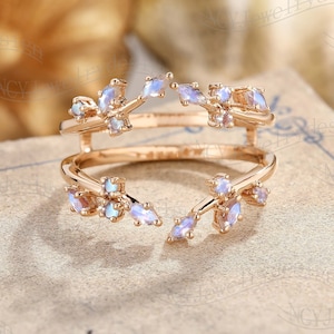 Art Deco Moonstone Wedding Band, Leaf Moonstone Ring, Marquise Moonstone Ring, Enhancer Wrap Ring, Branch Ring Rose Gold, Custom Women Ring