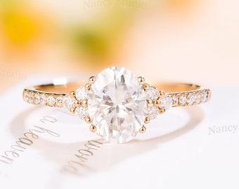 Oval Moissanite Engagement ring stacking solid rose gold anniversary Vintage Unique Bridal Wedding Ring half eternity Diamond Promise ring